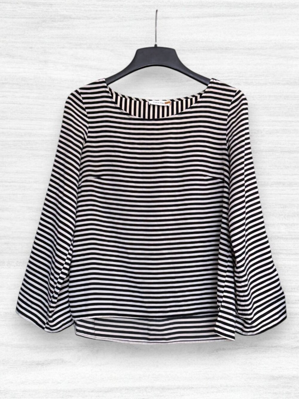 Calvin Klein Black White Striped Blouse Boatneck Modern Workwear Preppy L/XL